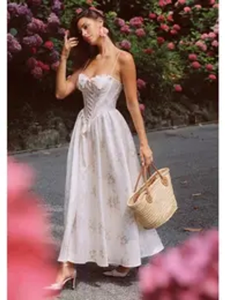 Love Flower Notes Corset Dress Adjustable Bridal Casual Elegance Floral Maxi Pleated Pleats Polyester Ribbon summerwins