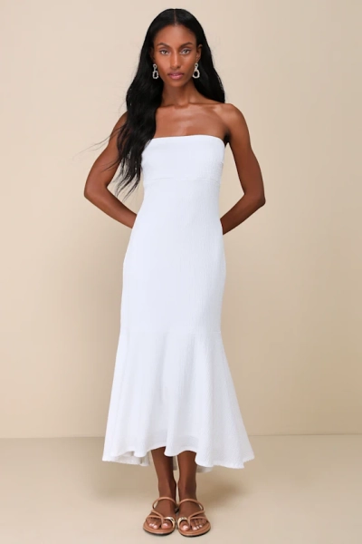 Darling Ways White Textured Strapless Midi Dress