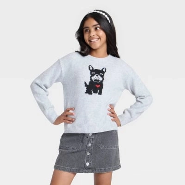 Girls' Dog Graphic Pullover Sweater - Cat & Jack™ Heather Gray XS