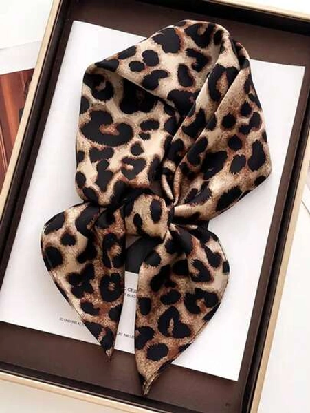 1pc Faux Silk Leopard Print Scarf, Women's Square Neckerchief, Decorative Headband, Fashion Head Wrap, 70cm