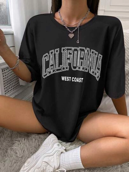 SHEIN Teen Girls Casual Loose Fit Letter Print Drop Shoulder T-Shirt, Summer