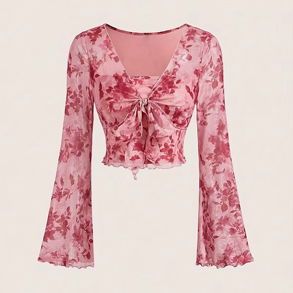 Summer Women's Y2k Floral Printed Sweet V-Neck T-shirts Mesh Beach Party Dress Top Flare Sleeve Square Collar Lace Up Shirt 2025 - AliExpress 200000345