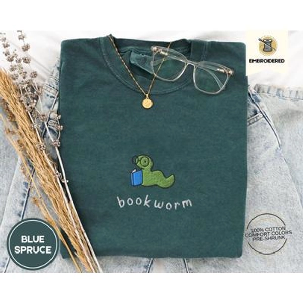 Bookworm Embroidered Tee - Cute Comfort Colors Shirt for Book Lovers, Bookish Gifts