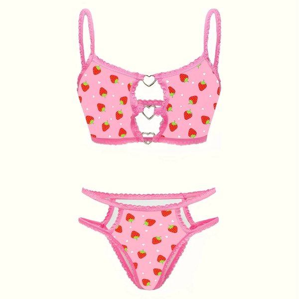 Strawberry print and heart ring sexy and cute Women's halter top and thong set.