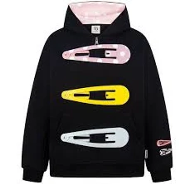 Cartoon Hair Clip Zip Up Hoodie - Black / M