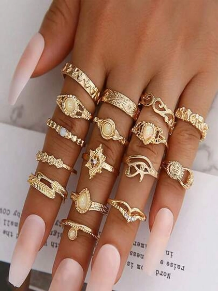 16Pack Boho Vintage Stackable Rings - Dainty Opal Carved Elephant/Moon/Star Rings, Hollow Joint Design For Women, Daily & Party Jewelry
