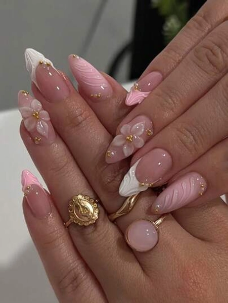 24pcs/Set Elegant Gradient Pink & White Almond-Shaped Nail Stickers With 3D Floral & Pearl Decor, Includes Gel Polish And Nail File, Suitable For Girls/Women For Daily, Party, Autumn Nails