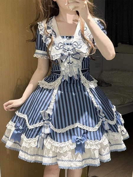 [£99.34]Blue Sailor Bear Theme Striped Lolita Dress with Embroidery and Bow Details