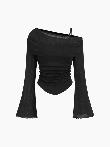 Asymmetrical Neck Ruched Lettuce Trim Tee