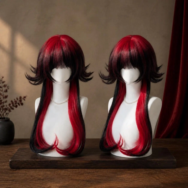 Red Black Cosplay Wig, Long Layered Gothic Wig with Flipped Ends, Two Tone Anime Wig with Bangs, Vampire Halloween Costume Wig