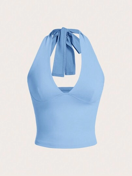 SHEIN EZwear Summer Solid Halter V-Neck Crop Tank Top, Summer Vacation