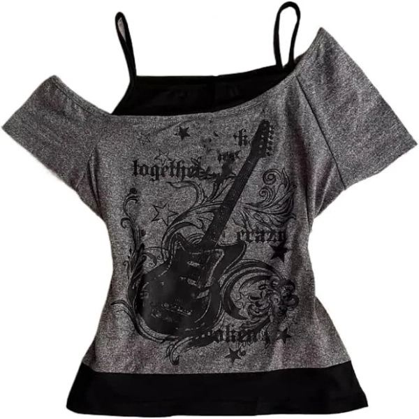 Women's Vintage Emo Grunge Y2K Fake 2 Piece Guitar Graphic Baby Tee