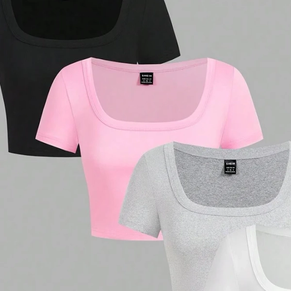 SHEIN Women's Slim Fit Square Neck Cropped T-Shirt Set
