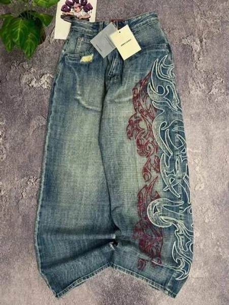 Y2K Embroidered Baggy Jeans Women Rock Hip Hop Retro Popular Casual High Waist Wide Leg Pants Streetwear New Fashion Big Pattern - Size XXL