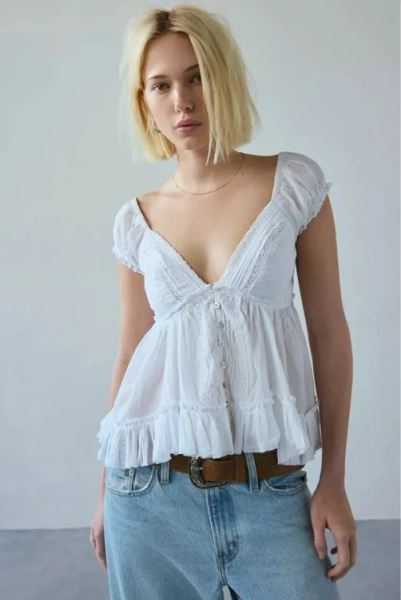 Kimchi Blue Izzy Lace Trim Button-Front Babydoll Blouse