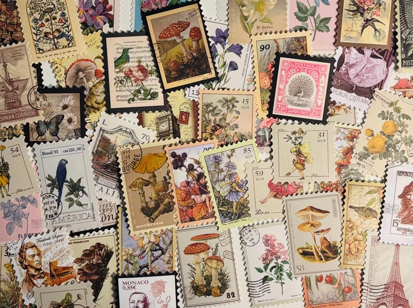 Vintage Stamp Stickers NOT POSTAGE Pack of 10, 20 or 50 for Planners, Decorations, Rewards, Party Supplies, Gifts and More!