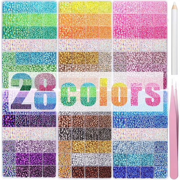28 Types of Rhinestones for Crafting – Multicolored Blue/Pink/Purple/Yellow/Green Flatback Synthetic Gemstones with Pickup Tools, Bedazzler Kit for Clothing, Shoes, Tumblers & Nail Art