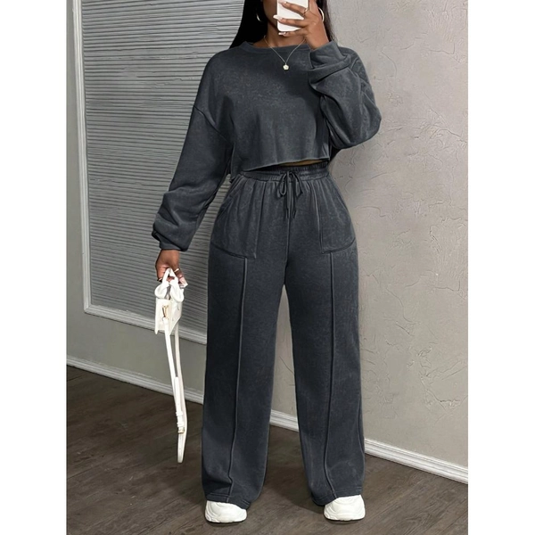2pcs Women'S Vintage Oversized Crop Sweatshirt & Wide-Leg Pants Set - Oversized Round Neck Sweater with Drawstring Waist Pants, Soft Fabric, Cozy Fall/Winter Loungewear, Casual Outfits in Neutral Tones (Dark Grey) - Versatile Everyday & Formal Wear