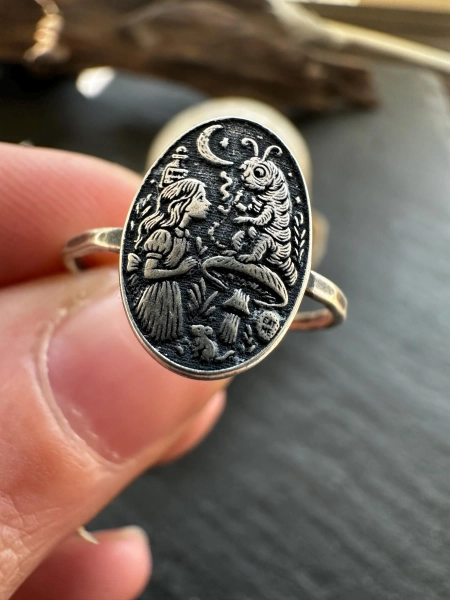 Sterling Silver Alice in Wonderland Ring, Storybook Jewelry with Caterpillar Scene, Handmade Fantasy Ring, Literary Folklore Jewelry