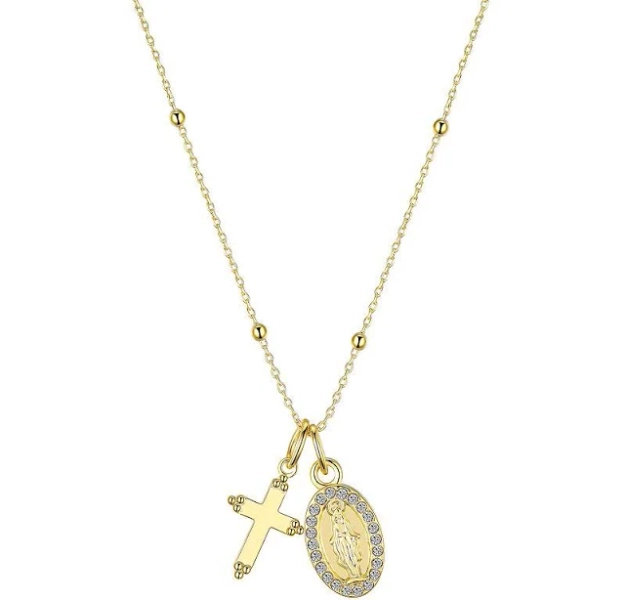 Unwritten Crystal Cross and Virgin Mary Pendant Necklace