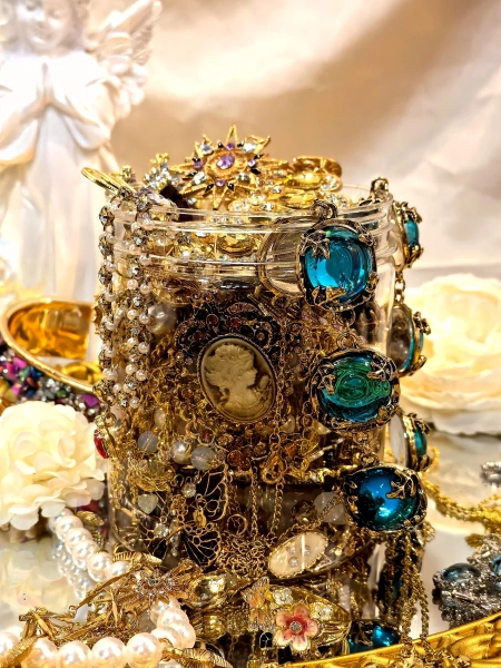 Victorian Vintage Mystery Jewelry Jar: Curated Gold Necklace Earrings Ring Bracelet Set