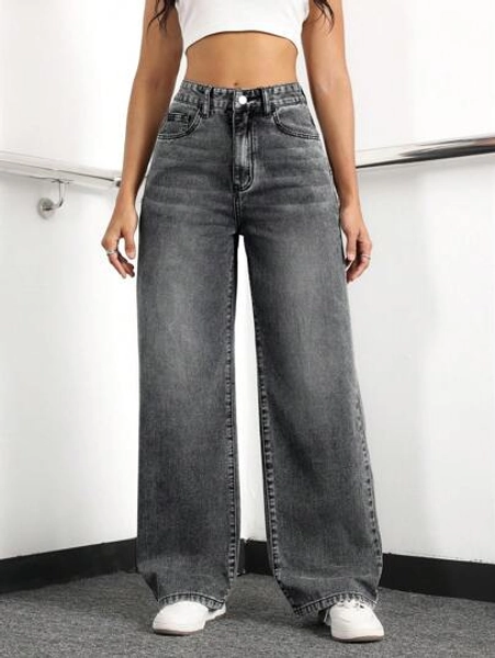 SHEIN ICON Women's Loose Fit Casual Denim Jeans With Side Pockets And Wide-Leg Design
