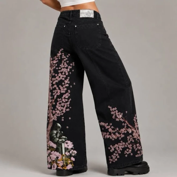 Embroidered Wide Leg Jeans | Cherry Blossom Floral Y2K Streetwear Pants