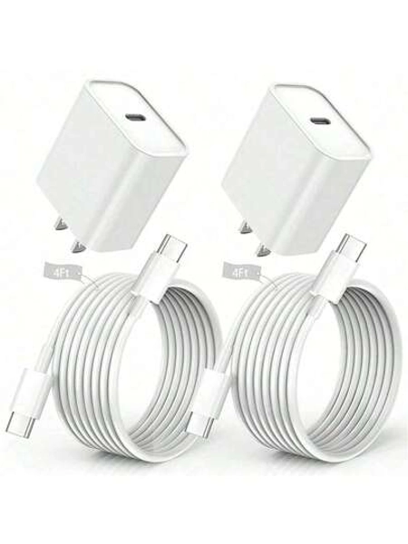 2pcs Type C Fast Charging Charger Block With 4FT USB-C Cables For Mobile Devices & IPad Pro, Suitable For Travel, Office, Dorm & Home