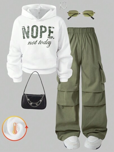 SHEIN 2pcs Tween Girl Letter Print Hoodie + Green Military Style Cargo Pants Set, Casual Streetwear Outfit, Autumn/Winter, School, Campus, College