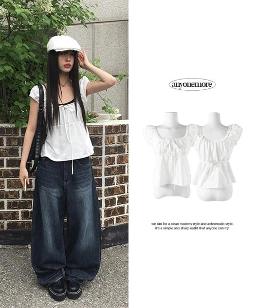 Noal Lace Ribbon Puff Sleeveless Blouse