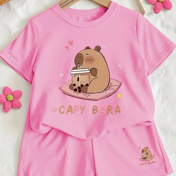 Girls' Guinea Pig Print Round Neck Short Sleeve T-Shirt and Shorts Outfit Set