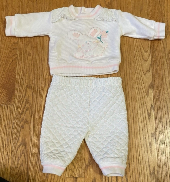 Vintage Bunny Rabbit 2pc Sweatshirt Quilted Pants Outfit Baby Newborn 0/3 Months