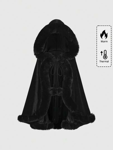 ROMWE Spring/Summer Carnival Party Casual Black Gothic Christmas Party Fringed Velvet Cape - Size L