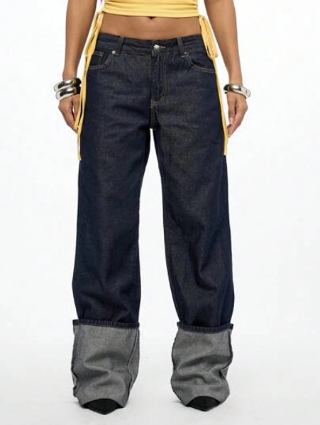 SUMWON WOMEN Turn-Up Wide Leg Raw Denim Jeans With Cuffed Hem Detail Vintage-Inspired High Rise Classic Street Style Fashion Y2K
