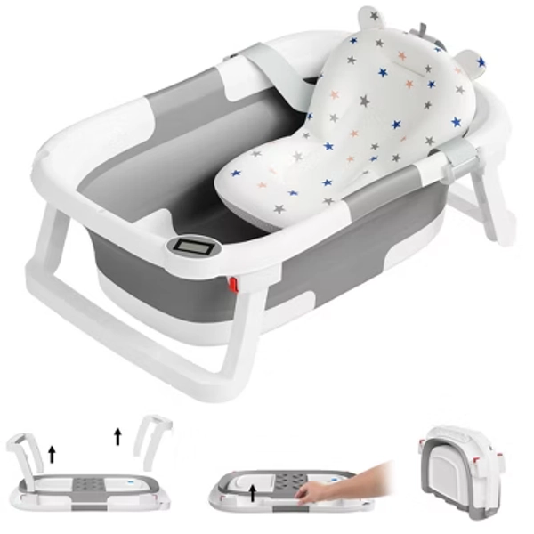 TUMAJUP Collapsible Baby Bathtub for Infants and Toddlers with Soft Cushion and Thermometer-Gray