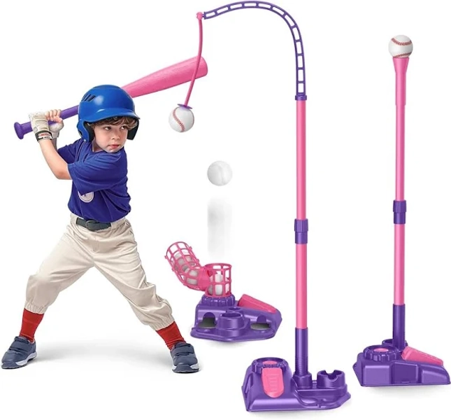 3-in-1 T Ball Set for Kids 3-5 5-8 , Baseball Tee Set with Adjustable Batting Tee & Pitching Machine & Retractable Baseball Bat & 6 Baseballs, Outdoor