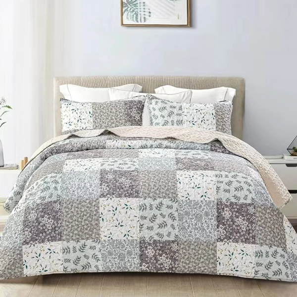 Whale Flotilla Reversible Patchwork Quilt Set Queen Size, Lightweight Boho Printed Bedspreads Coverlets Quilts Bedding Set with 2 Pillow Shams for All Seasons, Light Grey