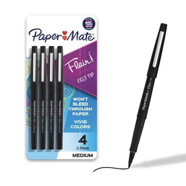 Paper Mate Flair 4pk Marker Pens Felt Tip 0.7mm Black: Porous Point, Medium, Fade-Resistant, Durable, Office & Art Use