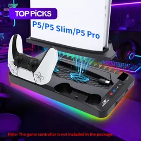 GAMINJA Charging Base Cooling Bracket Compatible With PS5 Console, Vertical Stand Cooling Fan, Multi-functional Cooling & Charging Station for PS5 Slim Pro All Model Universal