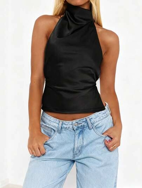 WOWDARK Women's Fashionable Sexy Satin Backless Blouse, Autumn