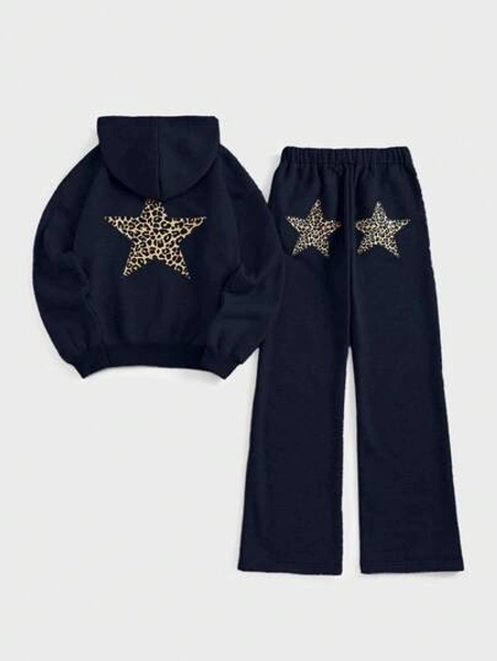 Sweetra 2pcs Y2K Star & Leopard Print Hoodie And Sweatpants Set, Fashionable Streetwear