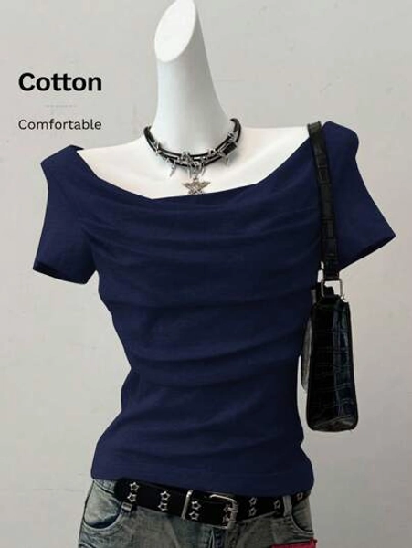 SHEIN EZwear Summer Western Wear Women Tops Navy Blue   Knit Women's Fitted Short Sleeve