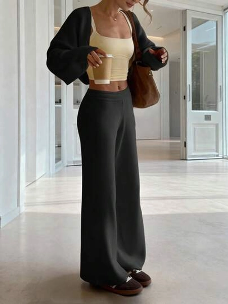 Autumn And Winter Sports Black Solid Color Casual Knitted Two Pieces Set, Fashionable, Simple, And Elegant Long Pants Set, Suitable For Daily Wear, Commuting, And Christmas. New Years
