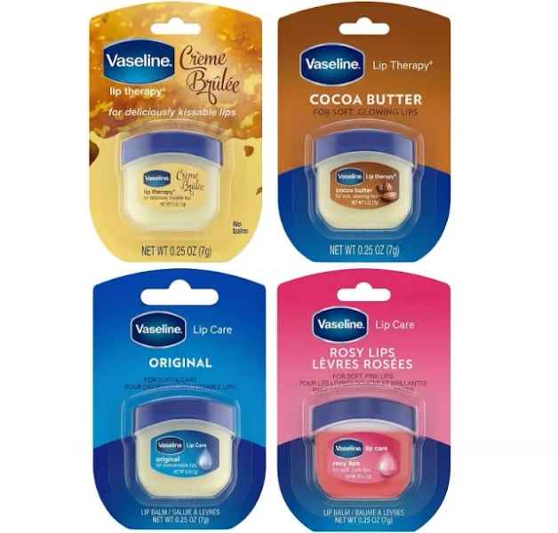 Vaseline Lip Therapy and Lip Care Variety Pack, 4 Mini Jars (7 g Each), Creme Brulee, Cocoa Butter, Original, Rosy Lips, Sealed Multi-Pack, Total 28 g