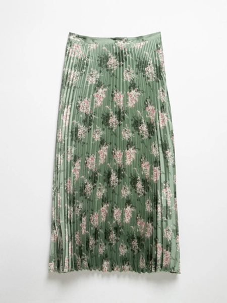 Pleated Satin Skirt in Sage Floral
