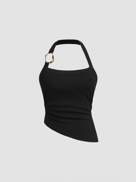 Knit Fabric Halter Neckline Buckle Asymmetrical Hem Cami Top For Work