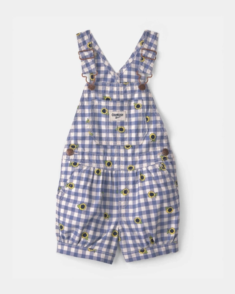 Toddler Girl Sunflower Gingham Shortall - Blue