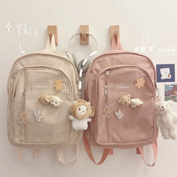 Kawaii Korea Style Corduroy College Zipper Backpack