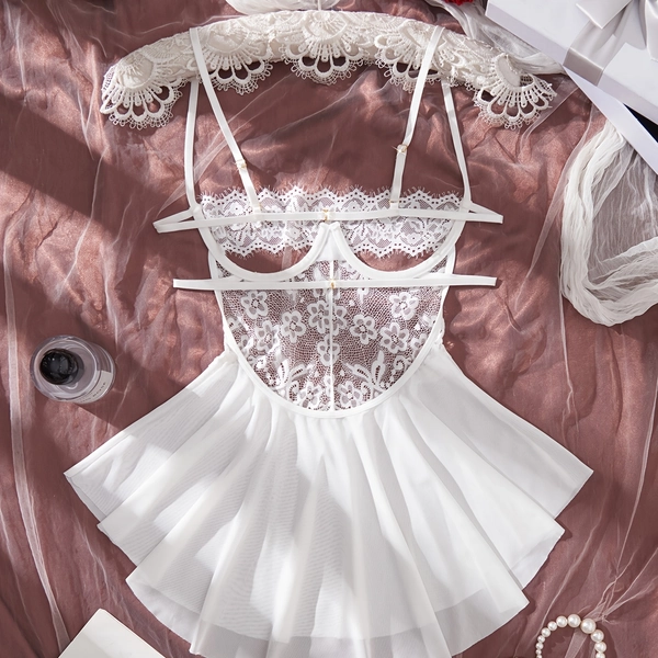Sexy White Lace Babydoll Lingerie - Featuring Sheer Floral Lace Bodice, Seductive Cupped Detail, Thin Spaghetti Straps, and Flared Mini Skirt., Intimate Apparel, Romantic Wear, Lightweight Fabric, Breathable Material, Laceup Top, Women’S Intimate