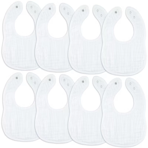 Comfy Cubs Muslin Cotton Baby Bibs, 8 Pack, Adjustable Size with Easy Snaps, Soft and Super Absorbent - White